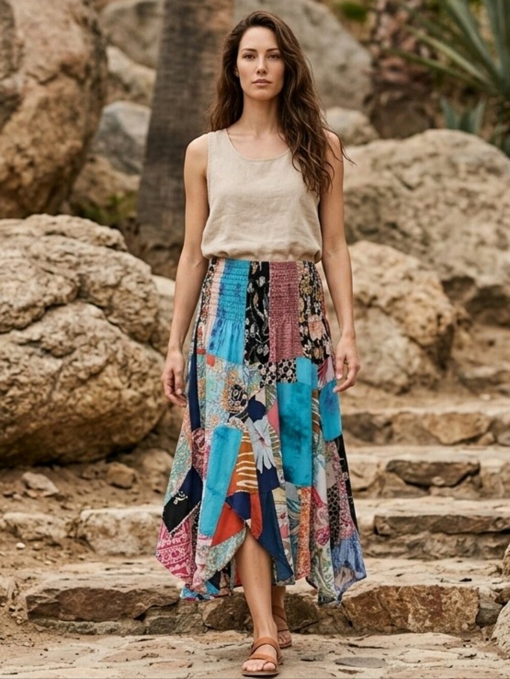 Patchwork Midi Skirt in Blue Multi